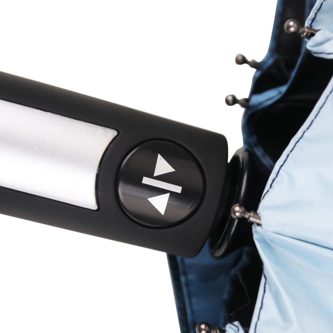 A folding ten-panel umbrella with a silver handle and a blue canopy, featuring a push-button mechanism.