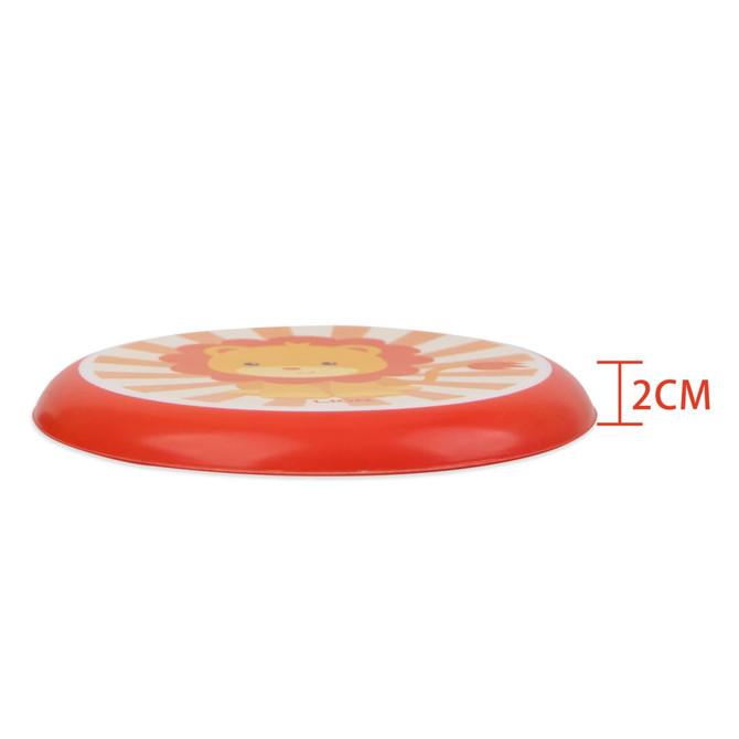 A soft frisbee in red with a lion design on a circular surface, measuring 2 cm in height.