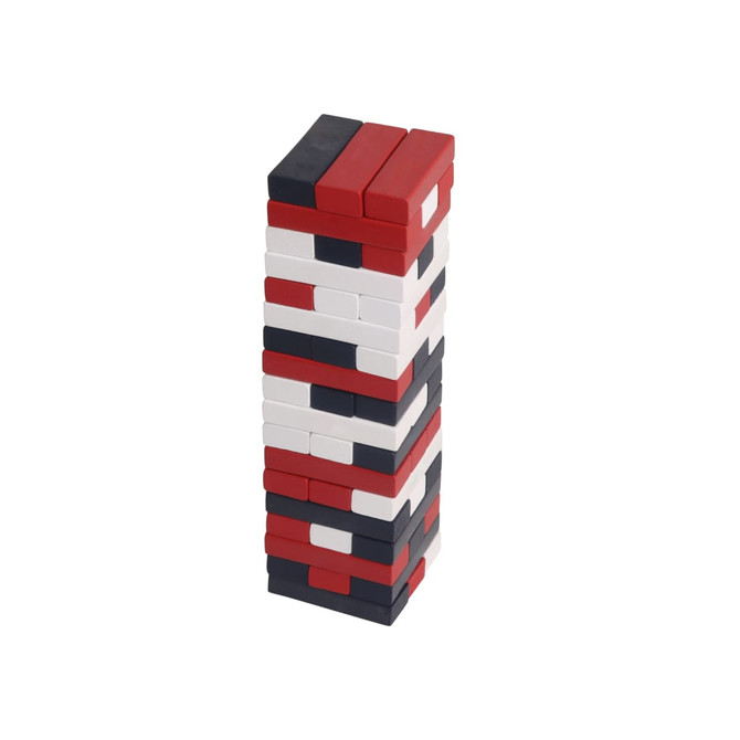 A tower of stacked blocks in black, red, and white, designed for fun and games. Features a logo on the side.