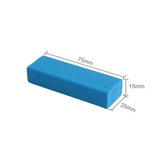 A blue rectangular block measuring 75mm by 25mm by 15mm, featuring a simple design.