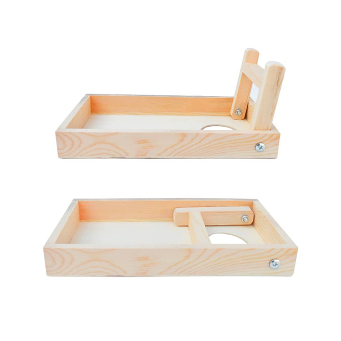 A wooden mini cornhole game board in a natural finish, featuring two boards with a folding support.