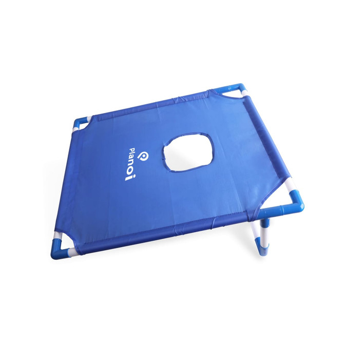 A portable cornhole game board in blue with a hole in the centre, featuring a logo on the surface.