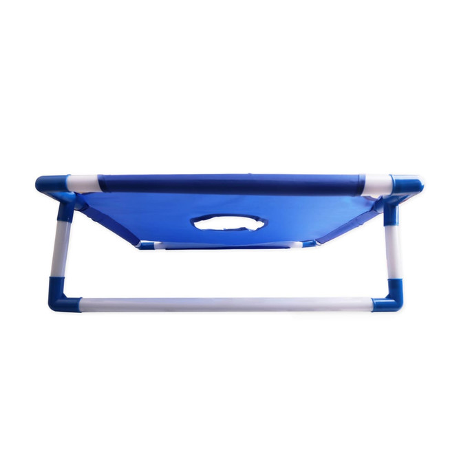 A portable cornhole game board in blue and white with a handle for easy transport. It features a sturdy frame.