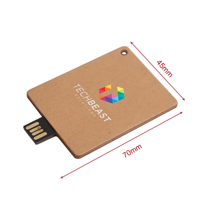 A brown Eco Card Flash Drive with a USB connector and a logo on the surface, measuring 70mm by 45mm.