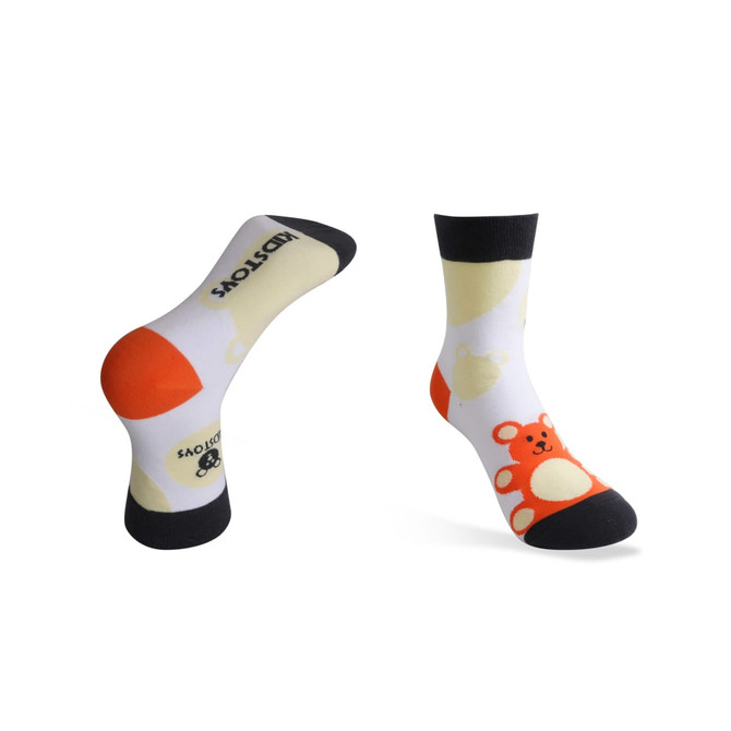 Custom pattern woven socks featuring a playful bear design in white, orange, and black colours. Includes branding.