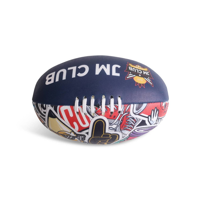 A AFL training ball featuring a blue and multicoloured design, with a logo on its surface.