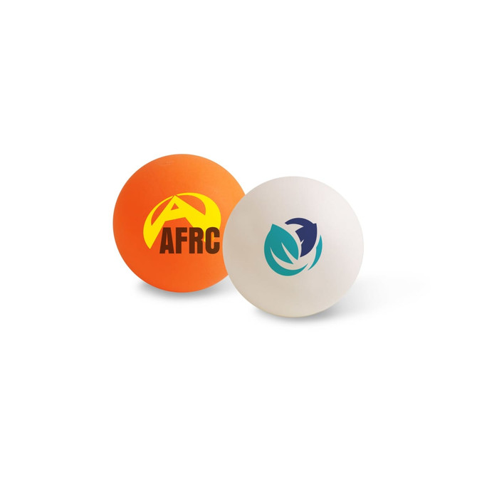 Two table tennis balls, one orange with a logo and one white with a logo, displayed on a white background.
