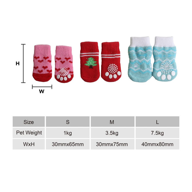 Four pairs of colourful pet socks in pink, red, and blue, featuring patterns like hearts and Christmas trees.