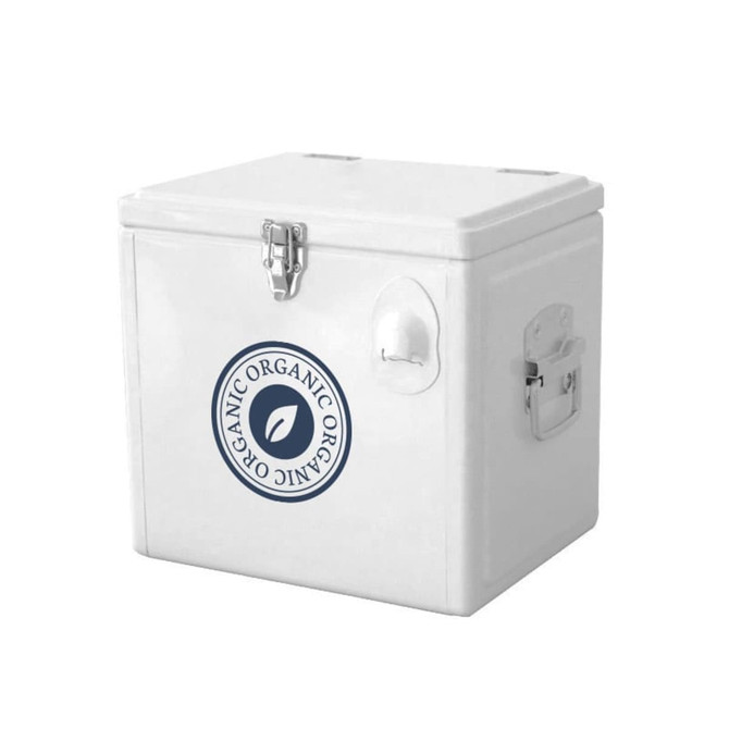 A white metal cooler box with a logo on the front and a secure latch closure.