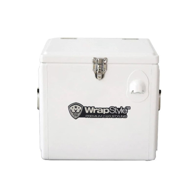 A white metal cooler box with a locking mechanism and a side handle. It features a logo on the front.