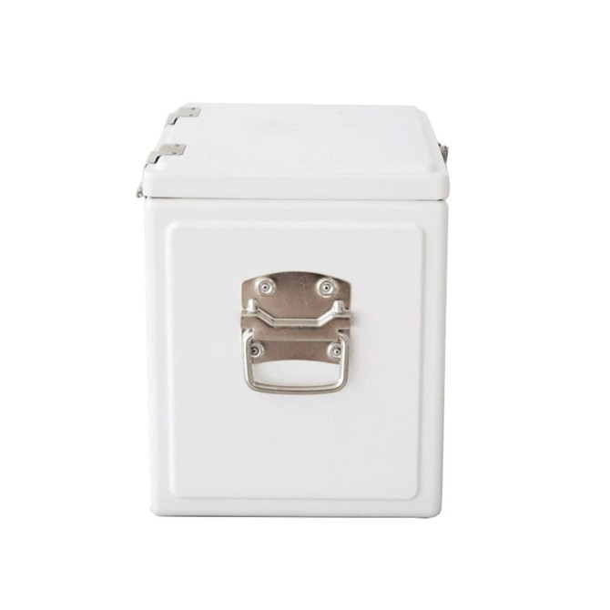 A white metal cooler box with a stainless steel latch and handle, featuring a minimalist design.