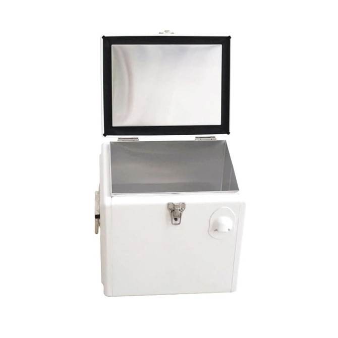 A white metal cooler box with a removable lid and a shiny interior. It features a latch and a tap.