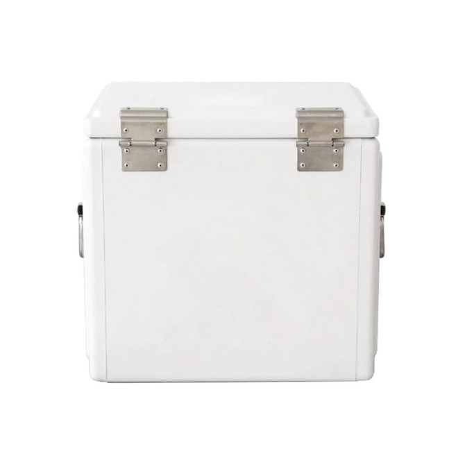 A white metal cooler box with silver hinges and handles, featuring a clean, minimalist design.