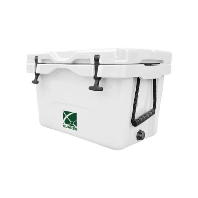 A white 35L cooler box featuring a logo, sturdy handles, and a drainage plug.