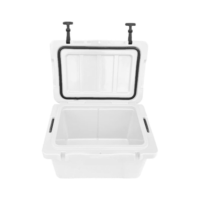 A white 35L cooler box with a removable lid and interior divided into sections, featuring a logo on the exterior.