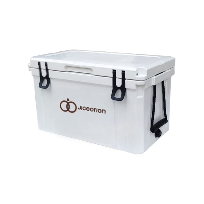 A 45L white cooler box with a lid, featuring a logo and black handles.