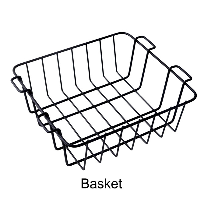 A black wire basket with an open design and two handles on the sides.