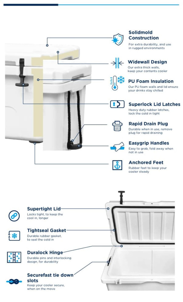 A 45L cooler box in white and grey, featuring various construction and design details, including a tie-down slot and drainage plug.