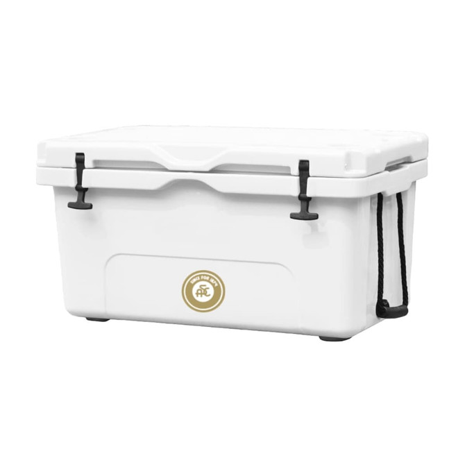 A 65L white cooler box with a logo, featuring a secure lid and handles.