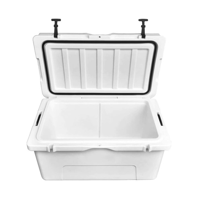 A white 65L cooler box with an open lid, featuring a black interior and two sturdy handles.