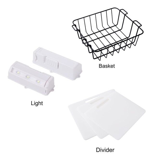A lightweight white light, a black wire basket, and two white dividers arranged in a compact layout.