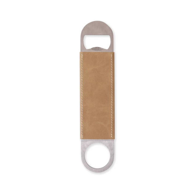 A drink bottle opener with a stainless steel top and a tan PU leather handle, featuring a logo.