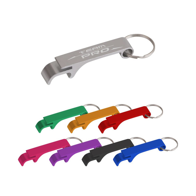 A drink bottle opener keyring in silver, green, pink, orange, yellow, red, black, and blue, featuring a logo.