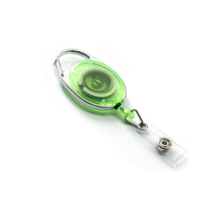 A green retractable card holder with a clear attachment mechanism and a metal swivel clip.