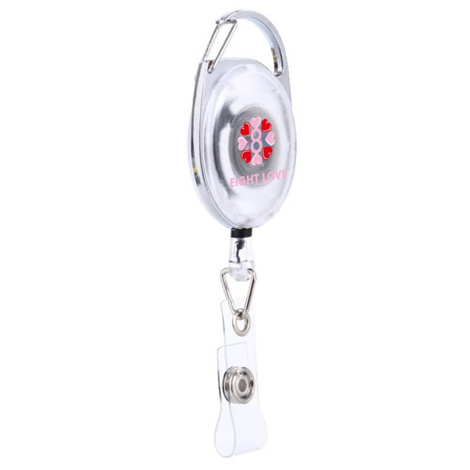 A retractable oval card holder in clear plastic with a logo and a durable clip.