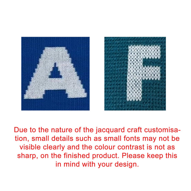 A close-up of fabric showing bold letters "A" and "F" in contrasting colours, with a textured pattern.