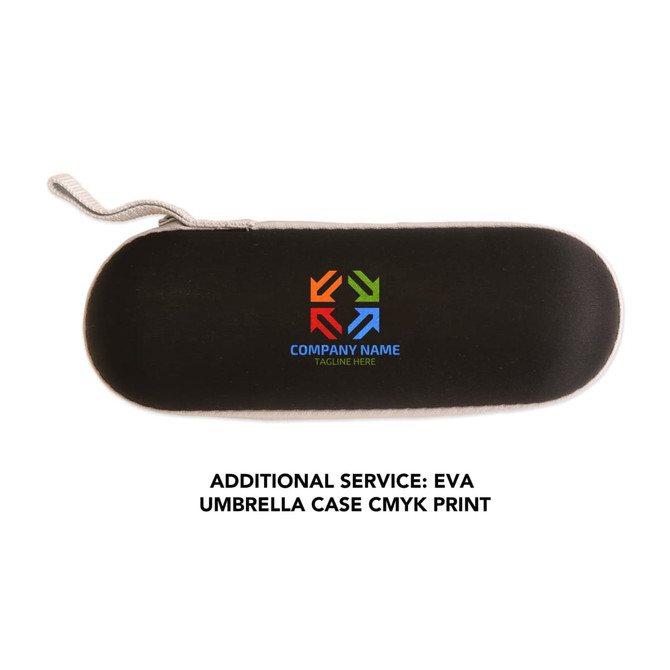 A black case with a logo, containing a mini folding umbrella. The case features a zip closure and a grey strap.