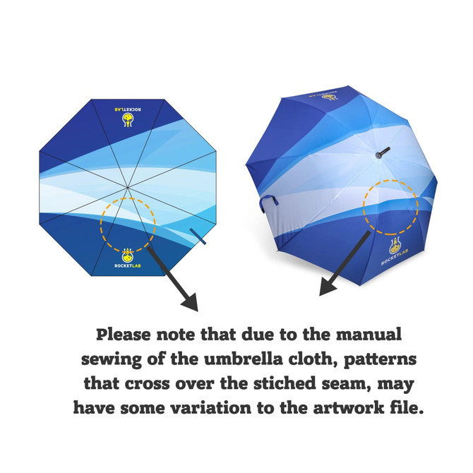 A lightweight umbrella in shades of blue, featuring a wooden handle and a logo on the canopy.