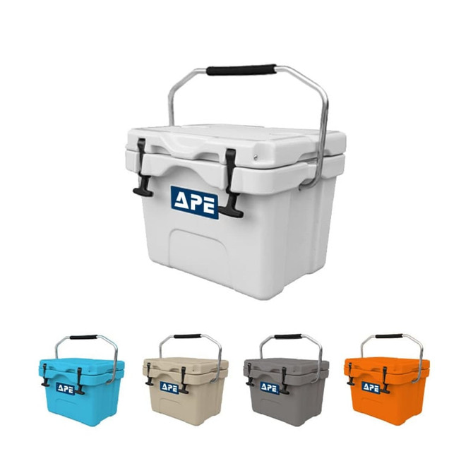 A cooler box in white, with a handle, alongside options in blue, tan, grey, and orange. Features a logo.