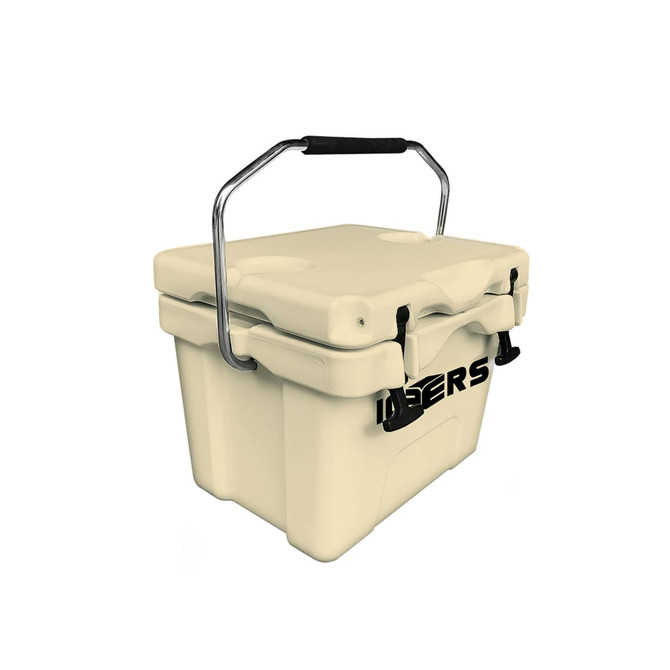 A 15L cooler box in cream colour with a sturdy handle and a logo on the side.