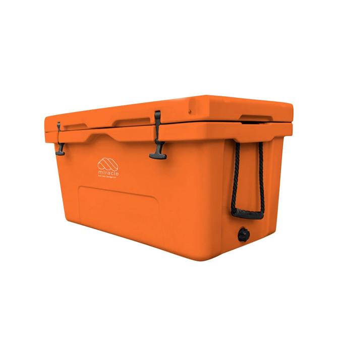 An orange 85L cooler box with a lid and robust handles, featuring a logo on the side.
