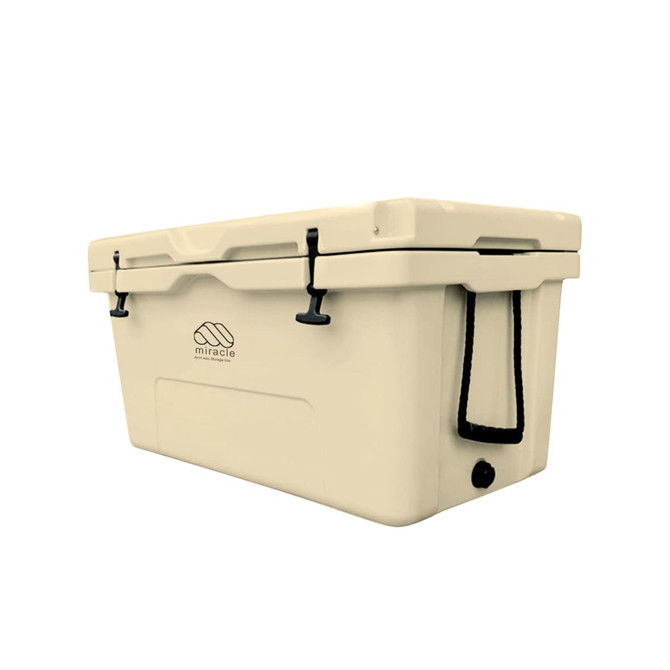 An 85L cooler box in a cream colour with clips and a strap. The product features a logo on the side.