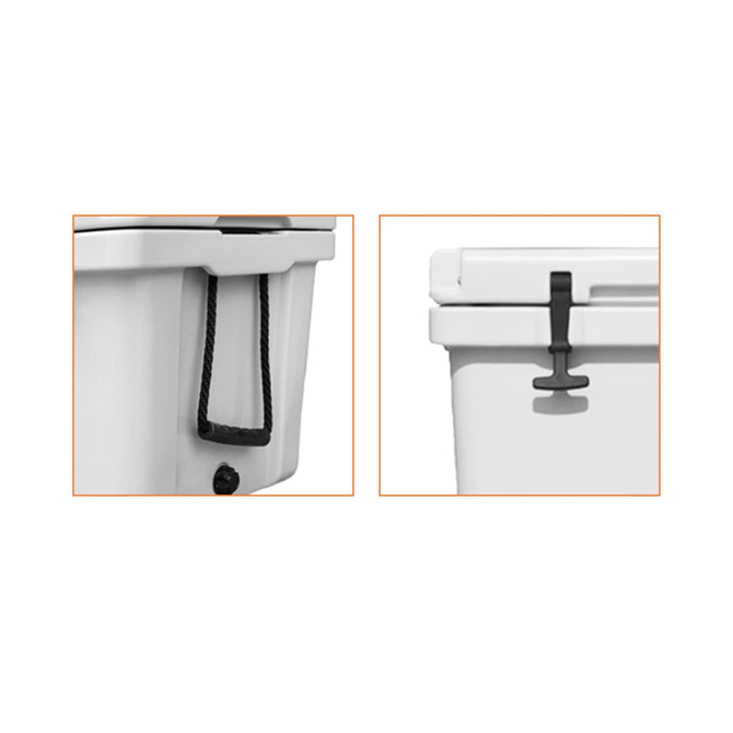 A white cooler box featuring a black handle and a black clip. The image highlights different angles of the product.