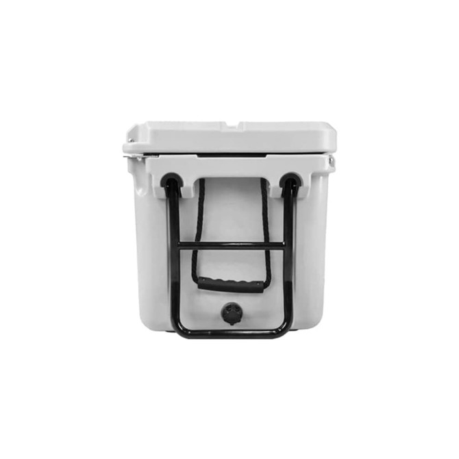 A white 75L cooler box with black handles and wheels, featuring a sturdy design and a logo on the front.