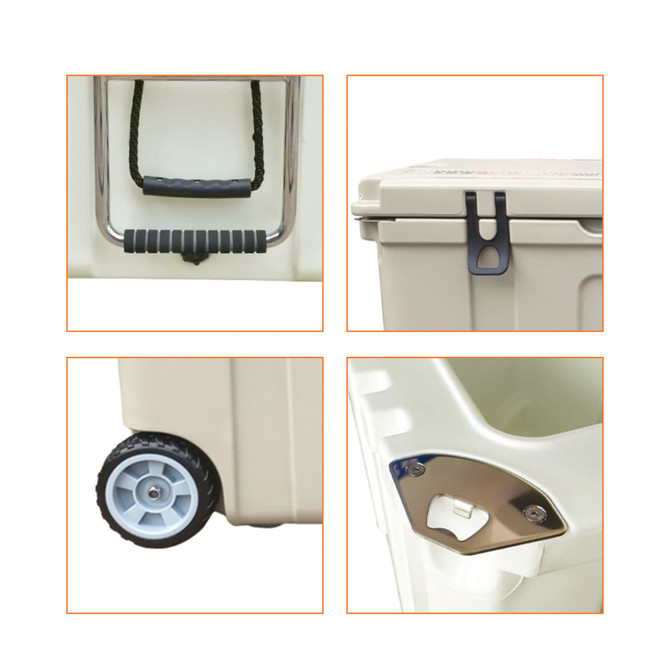 A 120L cooler box in beige with wheels, handle, locking tab, and metal bottle opener featured on the side.