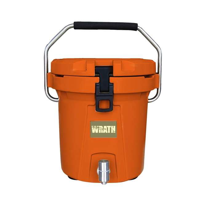 An orange ice bucket with a metal handle and a faucet at the bottom. Features a branding logo on the front.