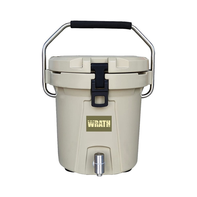 A beige ice bucket with a stainless steel faucet and a sturdy handle, featuring a logo on the front.