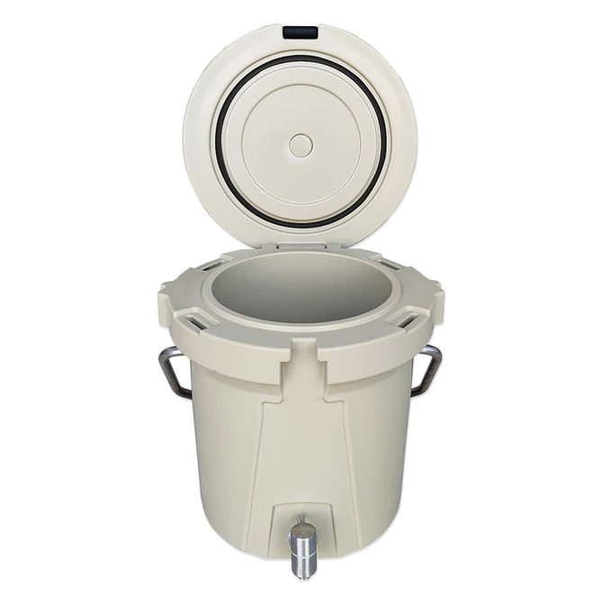 A beige ice bucket with a lid and a faucet at the bottom, featuring handles on the sides and a logo.