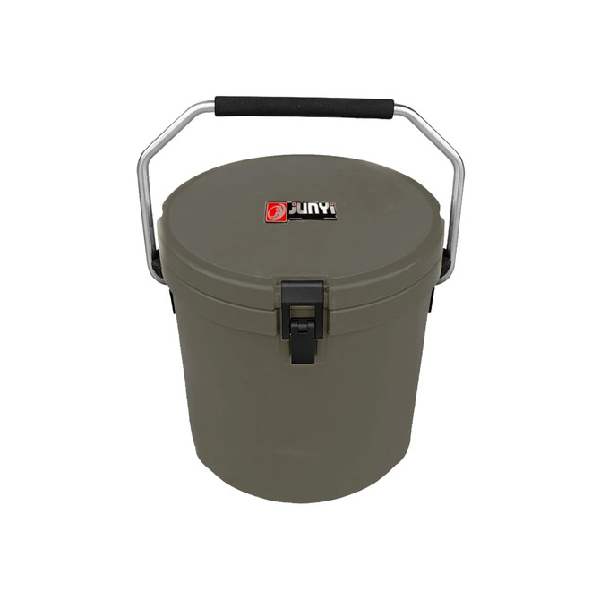 A green 12L ice bucket with a black handle and a secure lid, featuring a logo on the front.