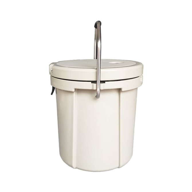 A 15L ice bucket in white, featuring a sturdy handle and a secure lid, with a logo on the front.