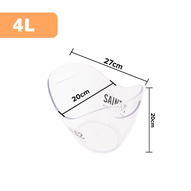 A transparent 4L ice bucket with rounded edges, measuring 27cm in width and 20cm in height, featuring a logo.