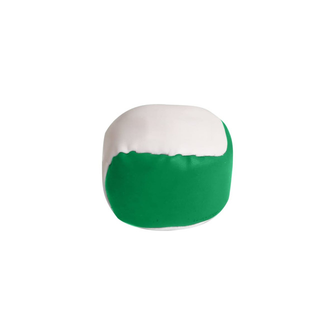 A green and white Hacky Sack with a smooth, rounded shape and a logo on one side.