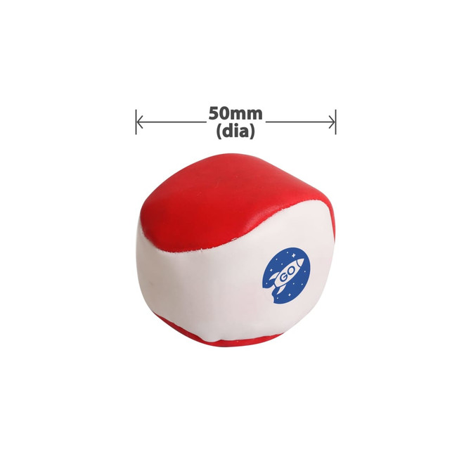 A red and white hacky sack with a round shape and a blue logo on one side, measuring 50mm in diameter.