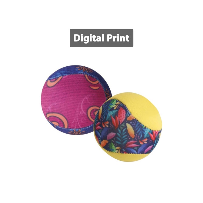 Two vibrant, multicoloured water bouncing balls with digital prints, featuring a mix of floral and geometric designs.