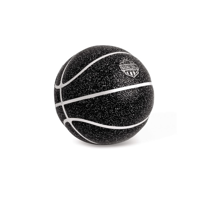 A mini basketball in black with a textured surface and white detailing, featuring a logo.