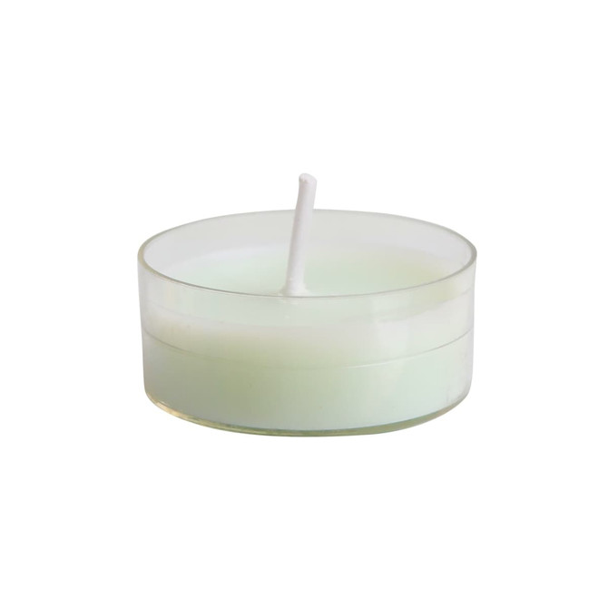 A tealight candle in a clear holder, featuring a pale green wax and a thin white wick.